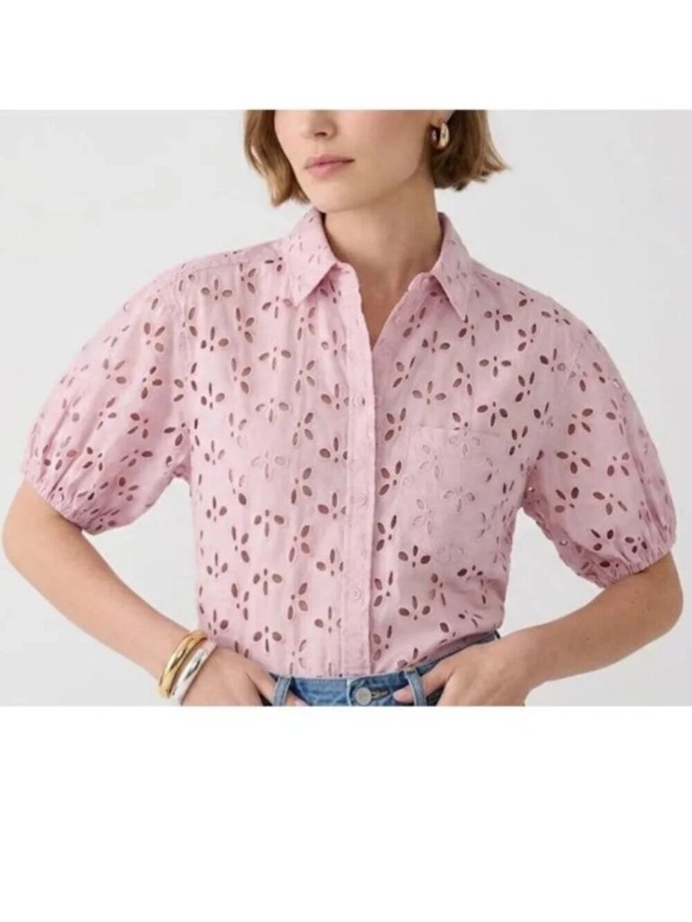 J.Crew Pink Eyelet Feminine Button Down Blouse Vacation Feminine Spring 12